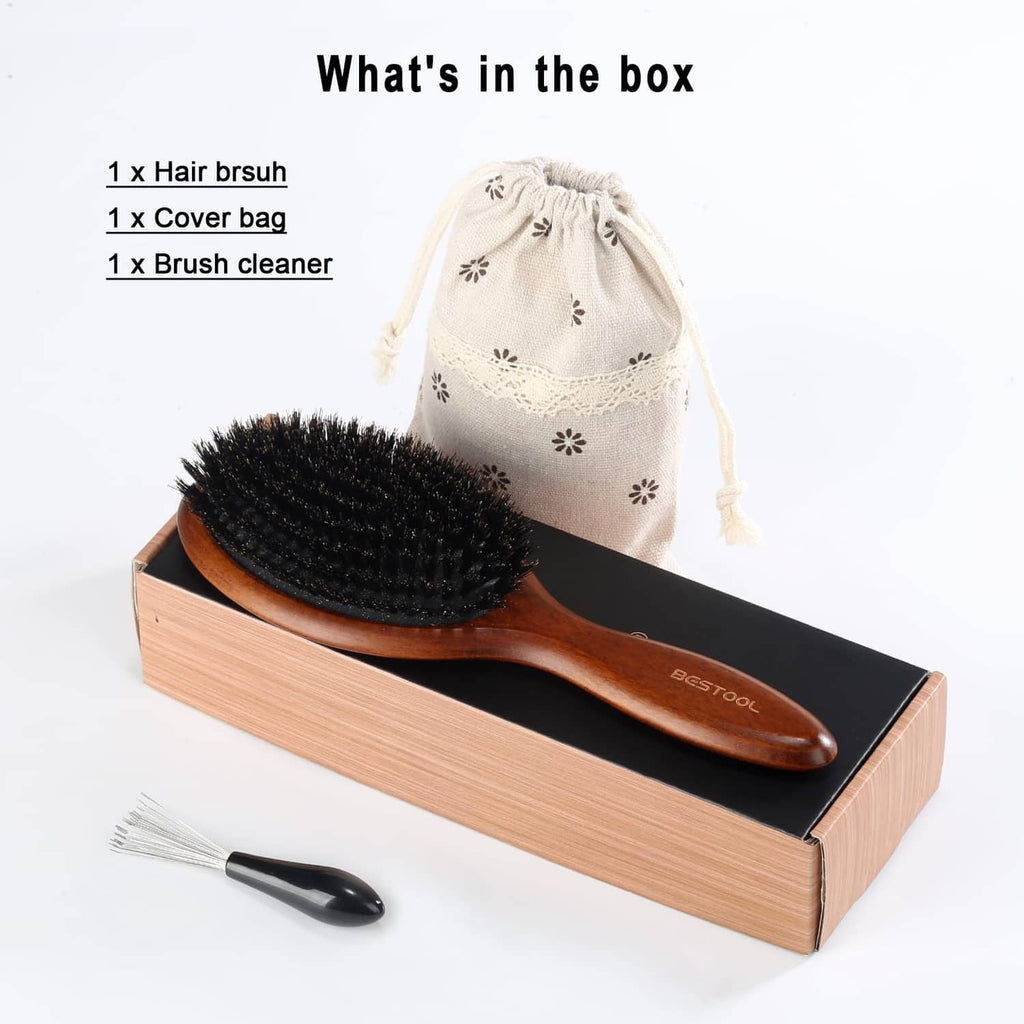Hair brush in box with drawstring cover bag and small brush cleaner tool