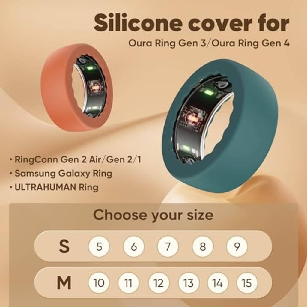Silicone ring cover shown in pink, black, and teal with size selection for small and medium