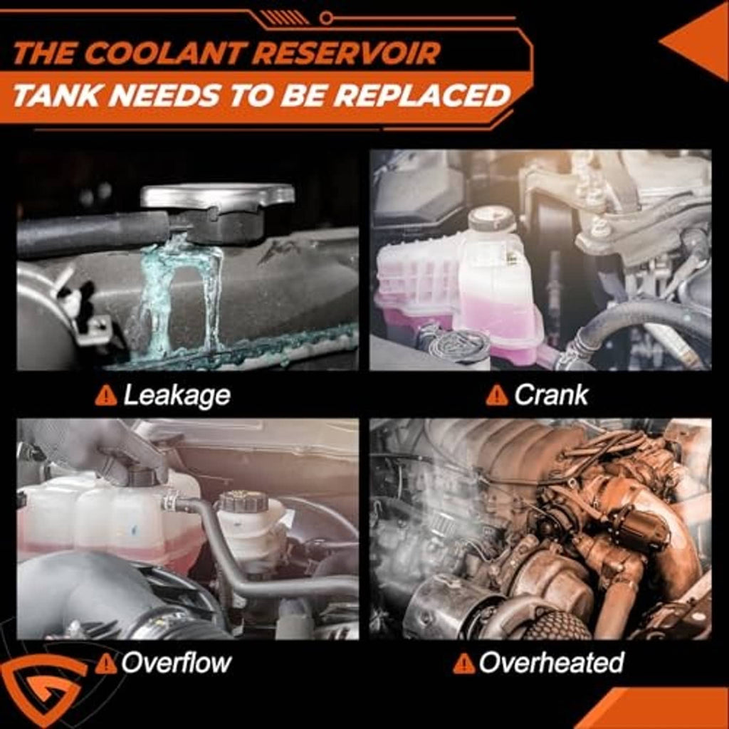 Coolant reservoir replacement warning graphic showing leakage and overheating icons