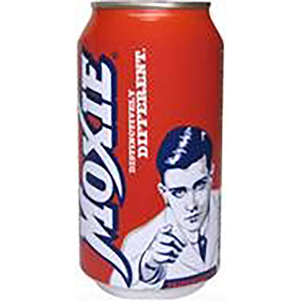 Moxie soda can with red and blue label, cartoon face artwork