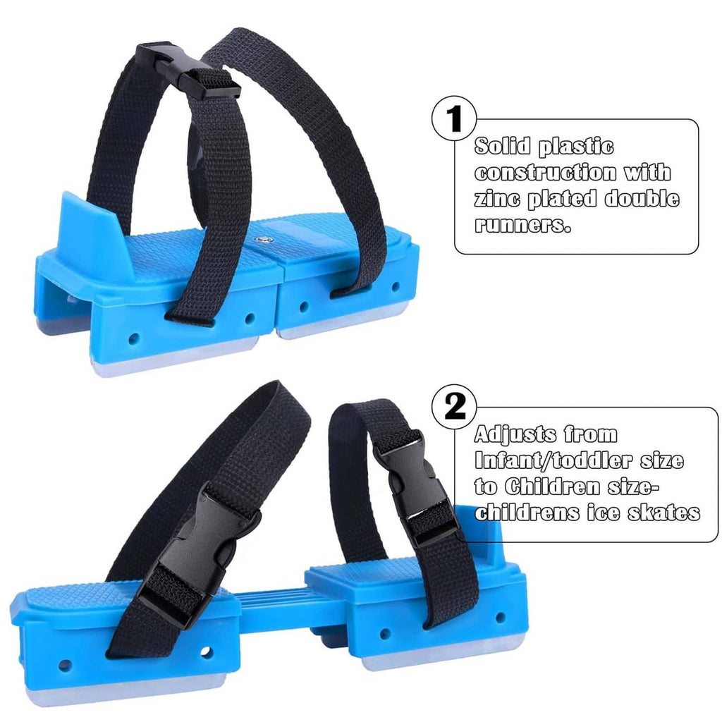 Blue plastic ice skates with black adjustable buckles and dual blade runners