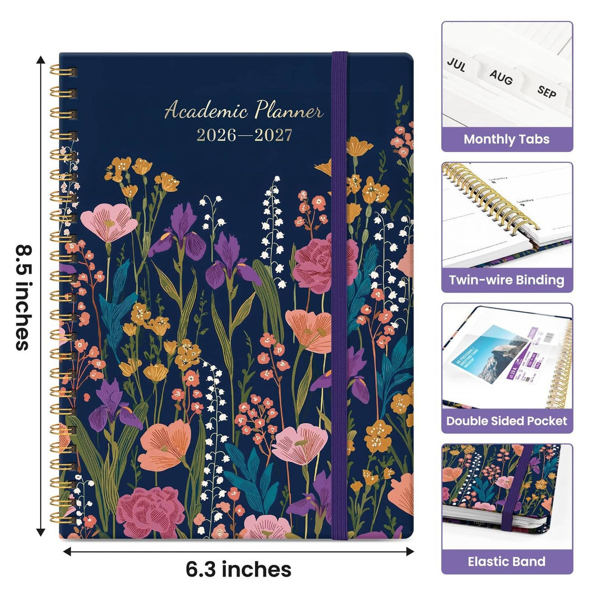 Academic planner with navy floral cover, elastic band, and 6.3 in size