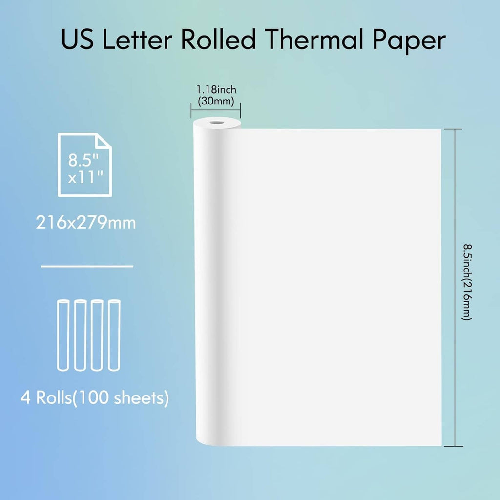 US Letter rolled thermal paper, 8.5 x 11 in size, 4 rolls (100 sheets)