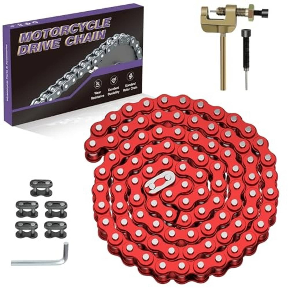 Red roller chain coil with gold chain breaker tool and small installation parts