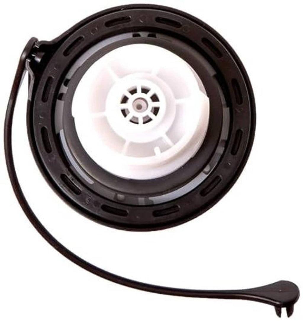 Fuel tank filler gas cap underside with white center insert and tether cord