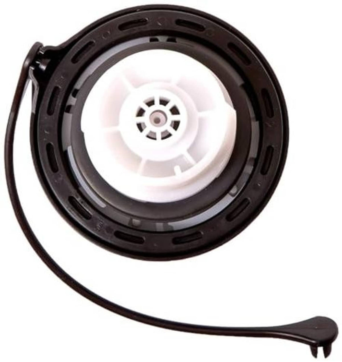 Fuel tank filler gas cap underside with white center insert and tether cord