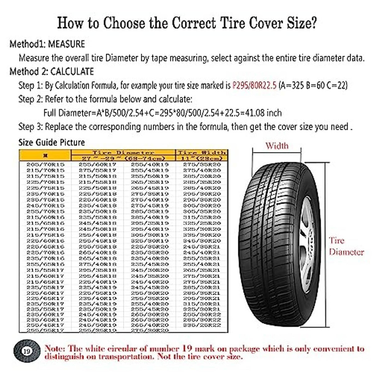 Tire cover size guide diagram with tire measurement chart and width/diameter labels