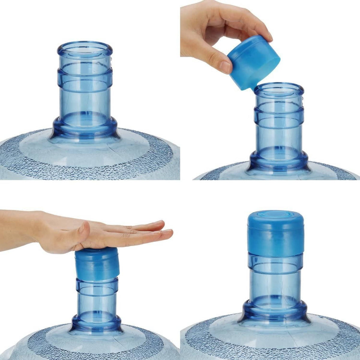 Blue snap-on non-spill cap on a clear water bottle, with hand showing fit