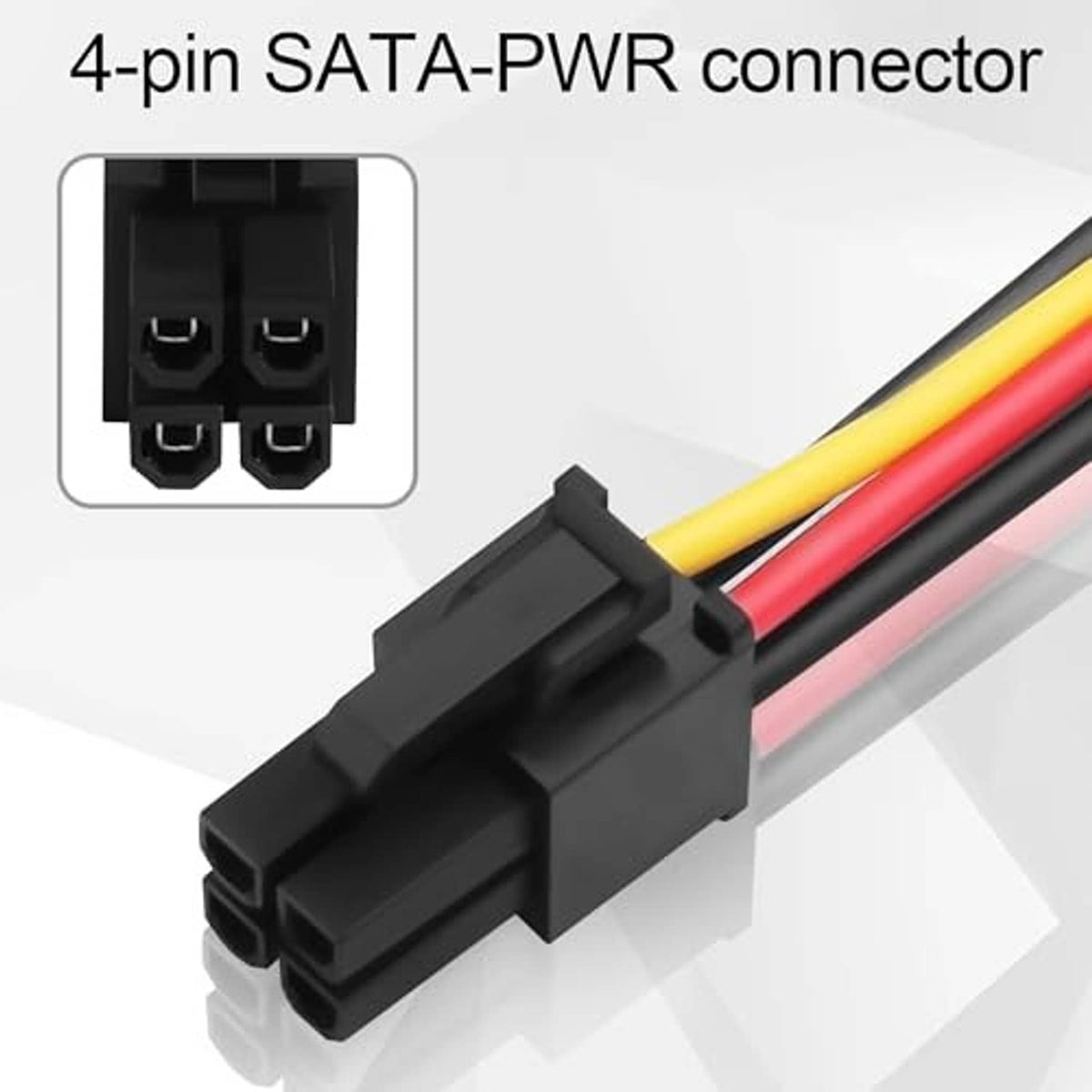 4-pin SATA-PWR connector end on a black SATA power cable with colored wires