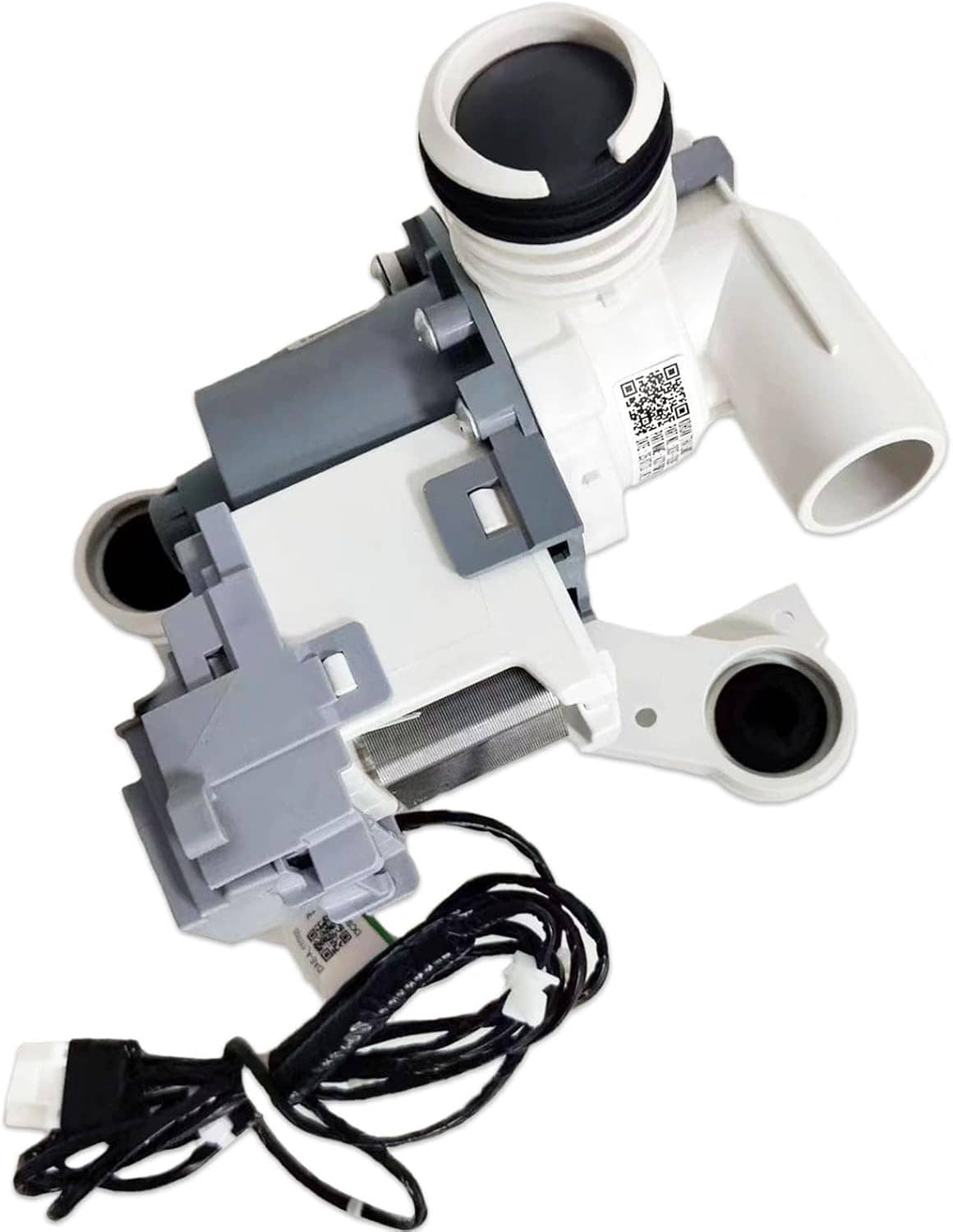 Washer drain pump assembly with hose fitting, gray housing, and wiring harness