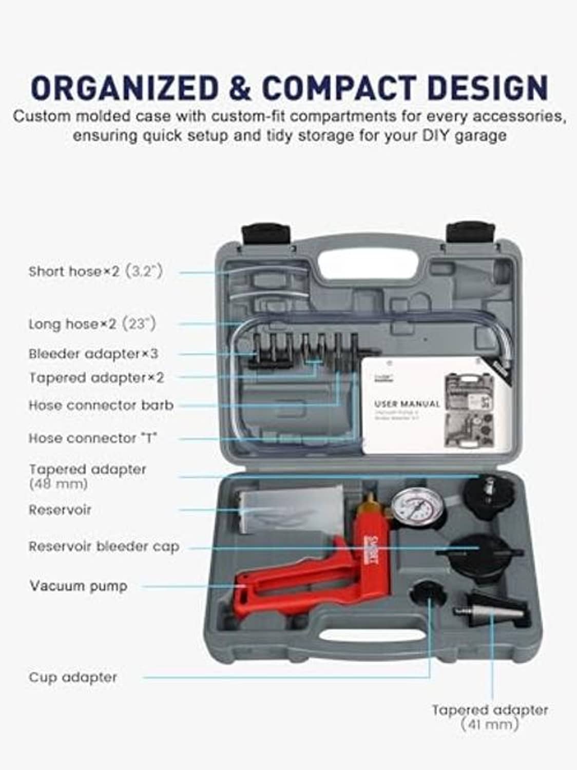 Brake bleeder kit in molded case with compartments, vacuum pump, and pressure gauge