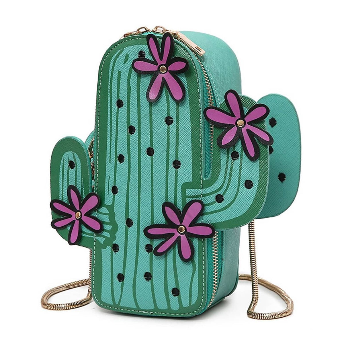 Teal cactus-shaped mini crossbody bag with purple flower appliques and gold zip front