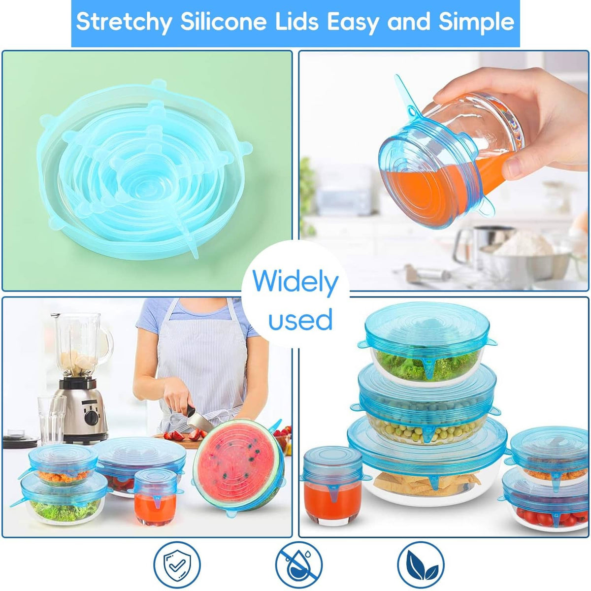 Light blue silicone stretch lids set, flexible covers for pots, bowls, and jars