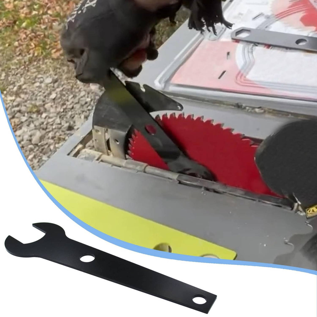 Black table saw blade wrench shown on table saw near red blade