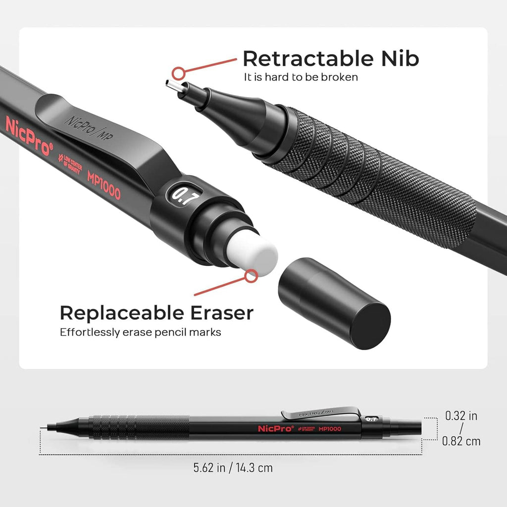 Black mechanical pencil with retractable nib and replaceable eraser, metal barrel.