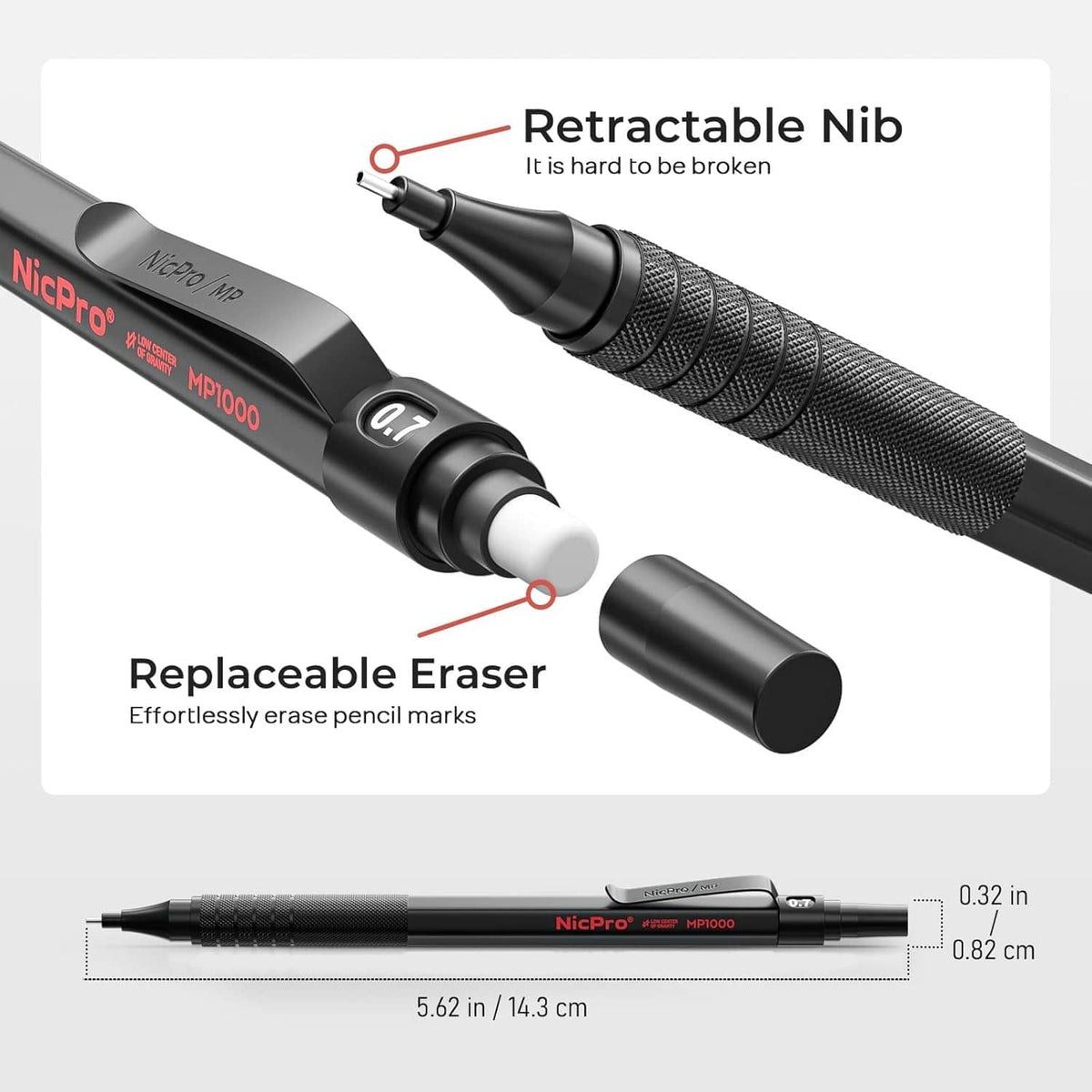 Black mechanical pencil with retractable nib and replaceable eraser, metal barrel.