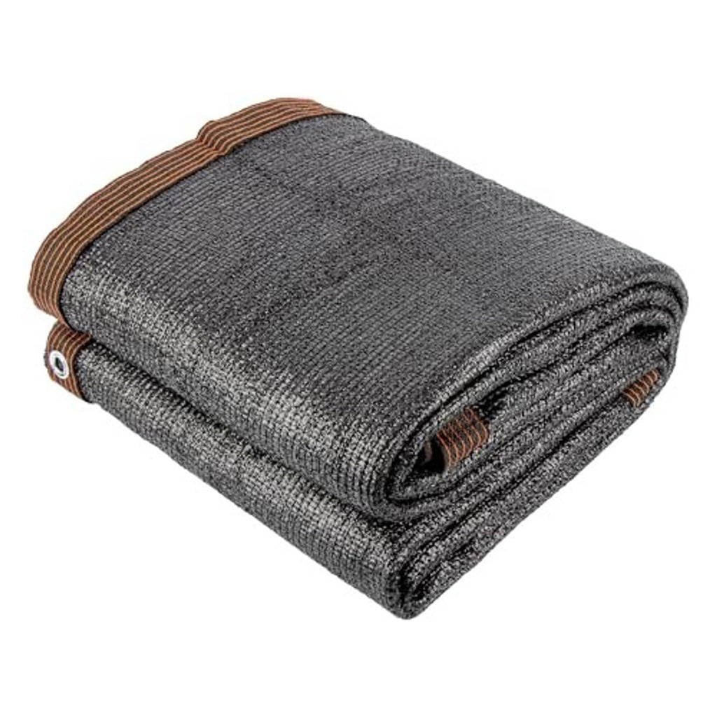 Outdoor woven shade cloth, dark gray rolled stack with brown binding and metal grommets