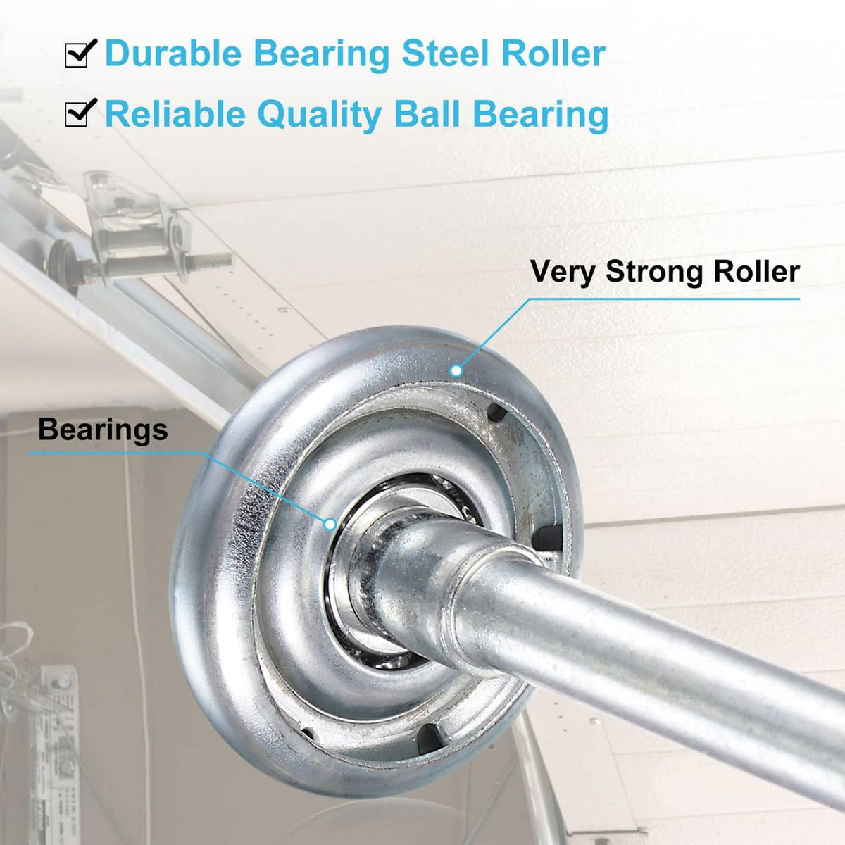 Silver steel garage door roller showing wheel bearings and connected stem
