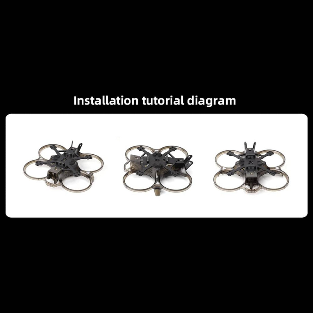 Black cinewhoop FPV drone frame assembly diagram with three view steps