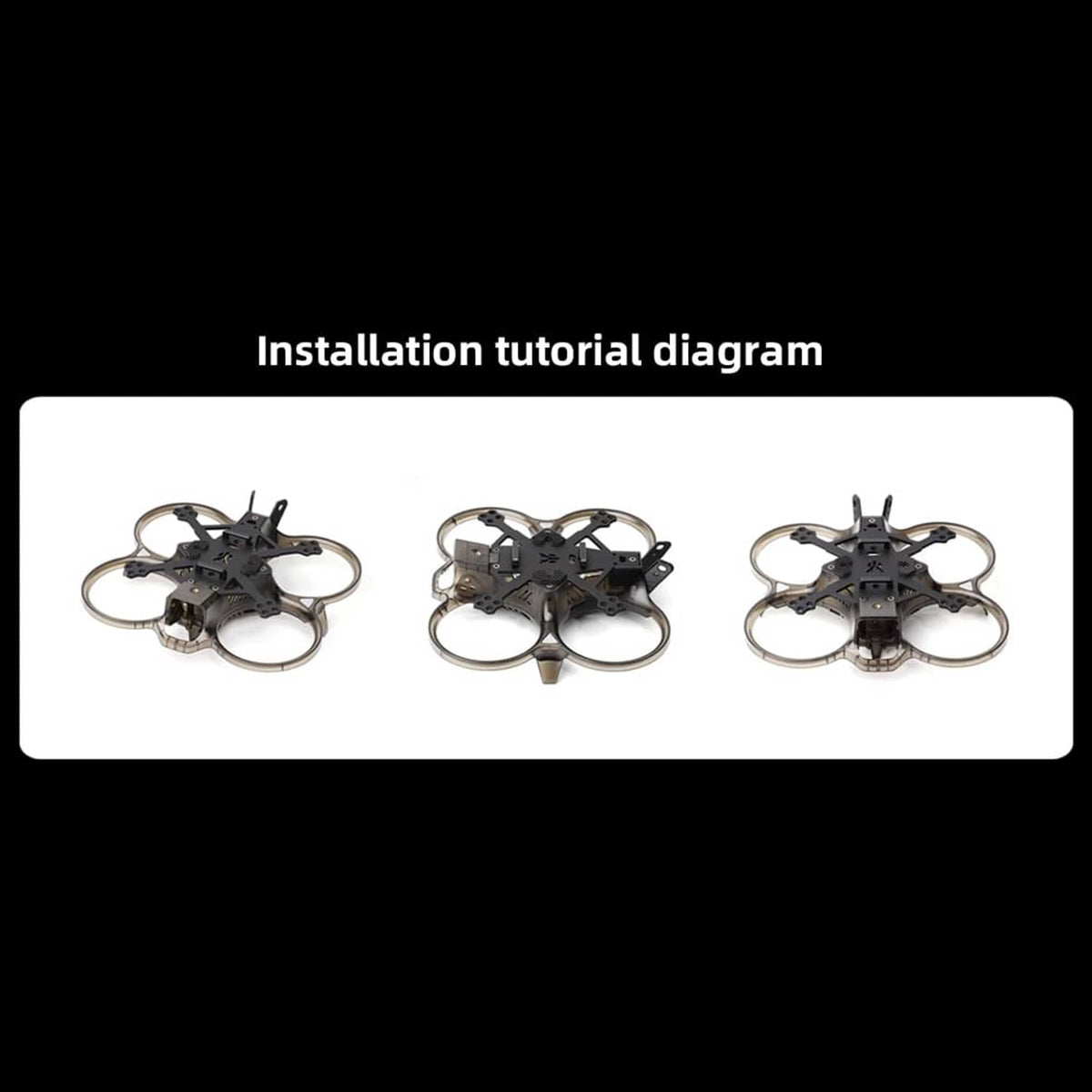 Black cinewhoop FPV drone frame assembly diagram with three view steps