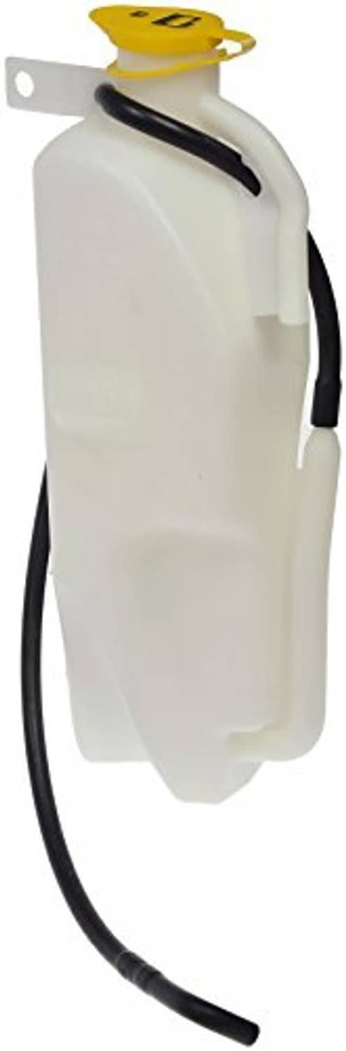 Non-pressurized coolant reservoir housing with white tank and black hoses