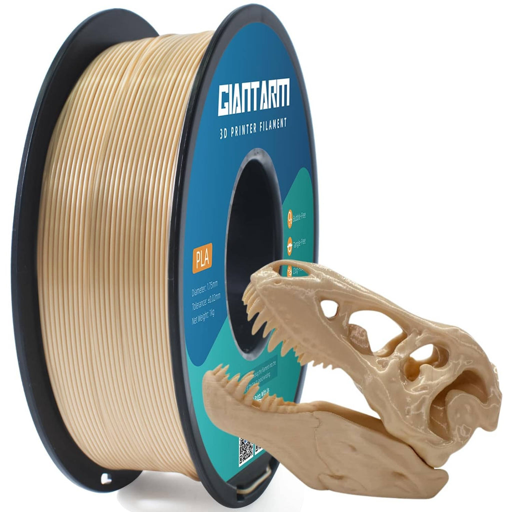 Bone white PLA filament spool with 3D printed skull model for display