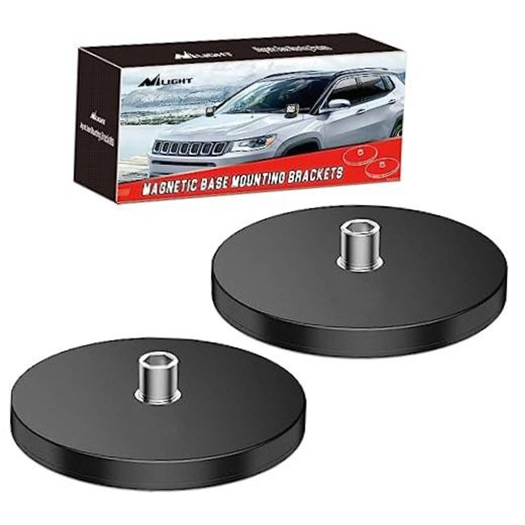 Magnetic base mounting brackets set with two round black pads and central threaded studs