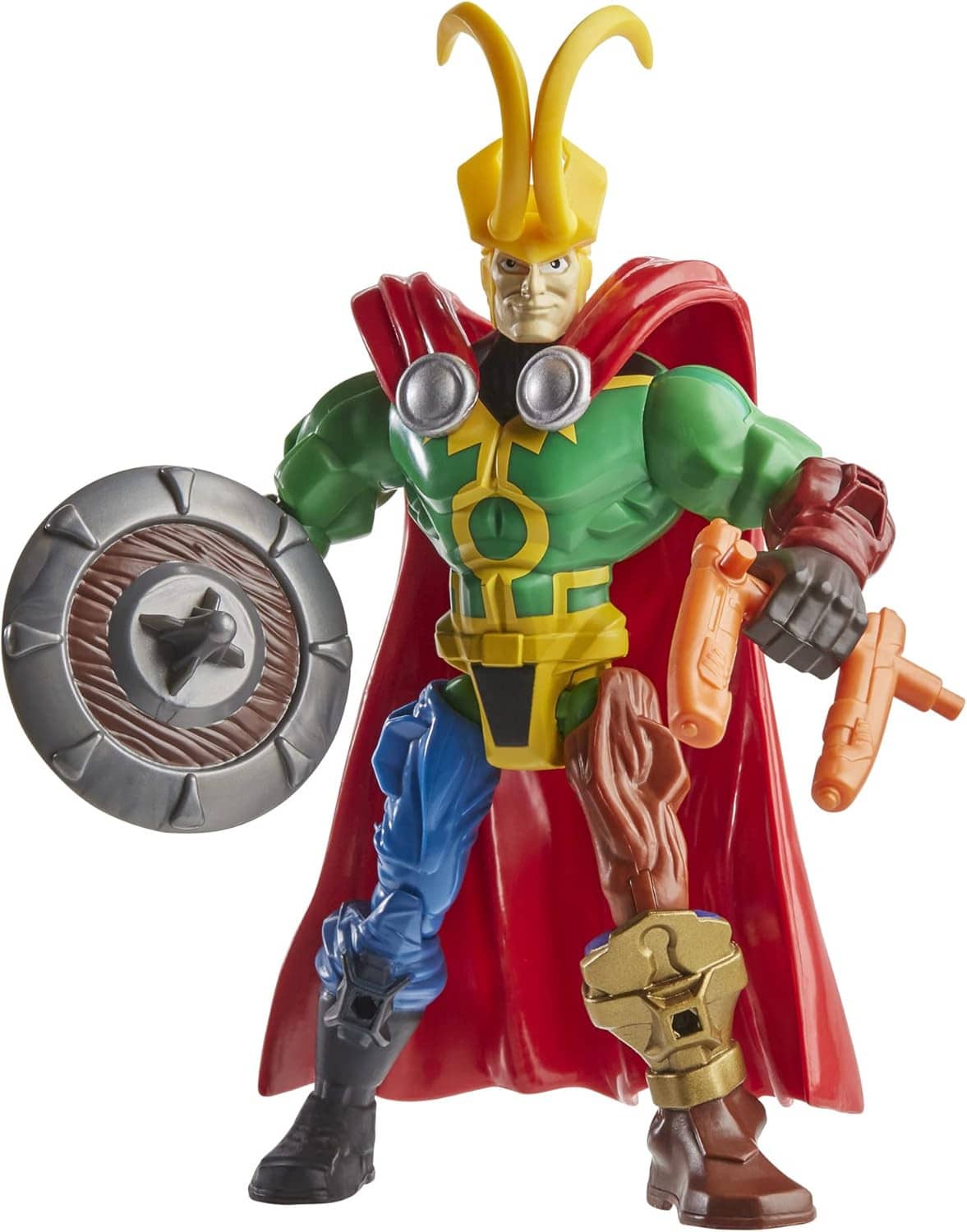 Marvel Super Hero Mashers Thor-style action figure, green armor, red cape, shield