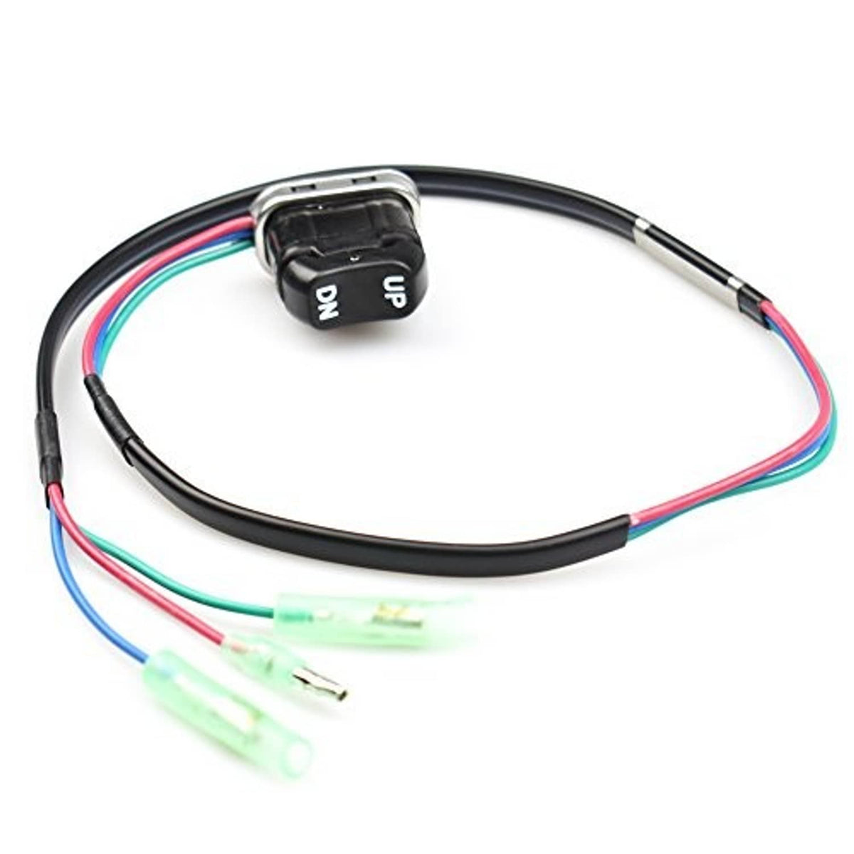Trim-tilt switch harness with black UP/DN rocker switch and red, blue, green leads