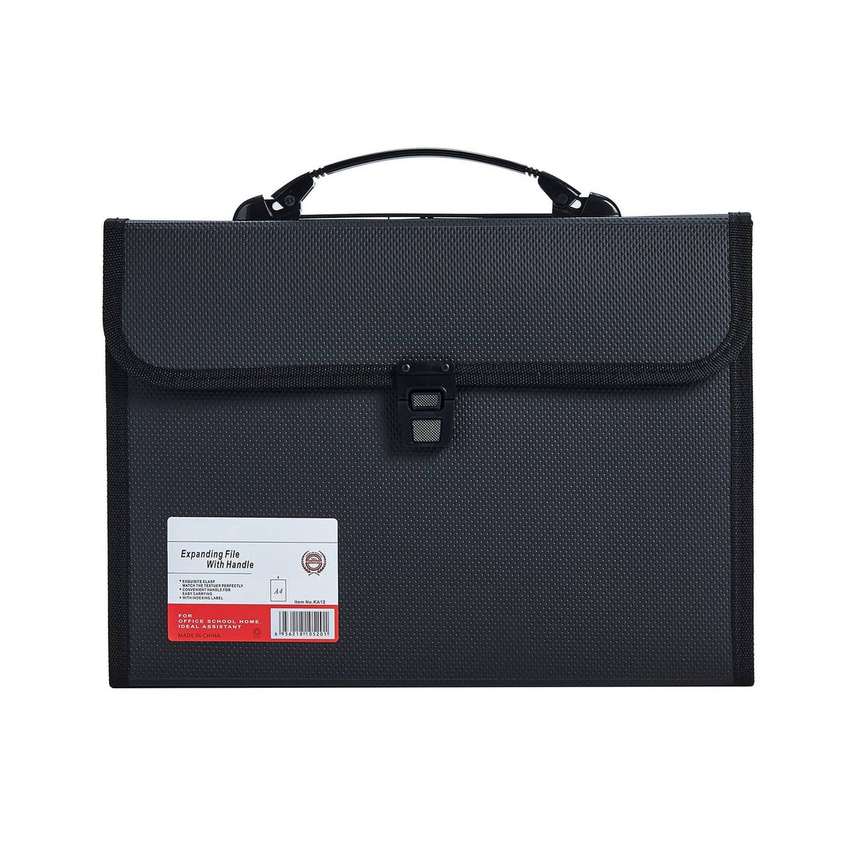Black expandable file organizer folder with top handle and front buckle latch