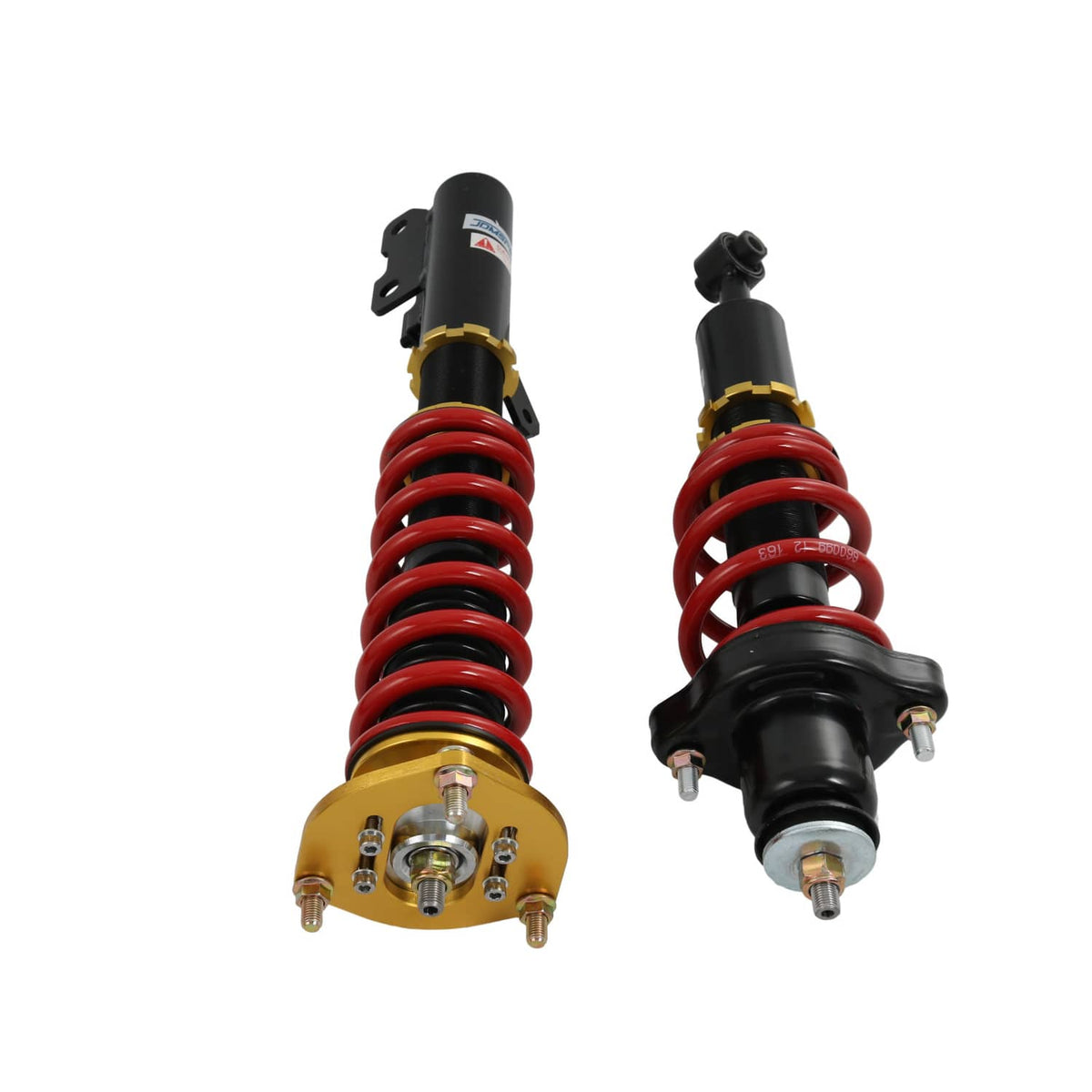 Close view of coilover struts with red springs, black shocks, and gold top plates