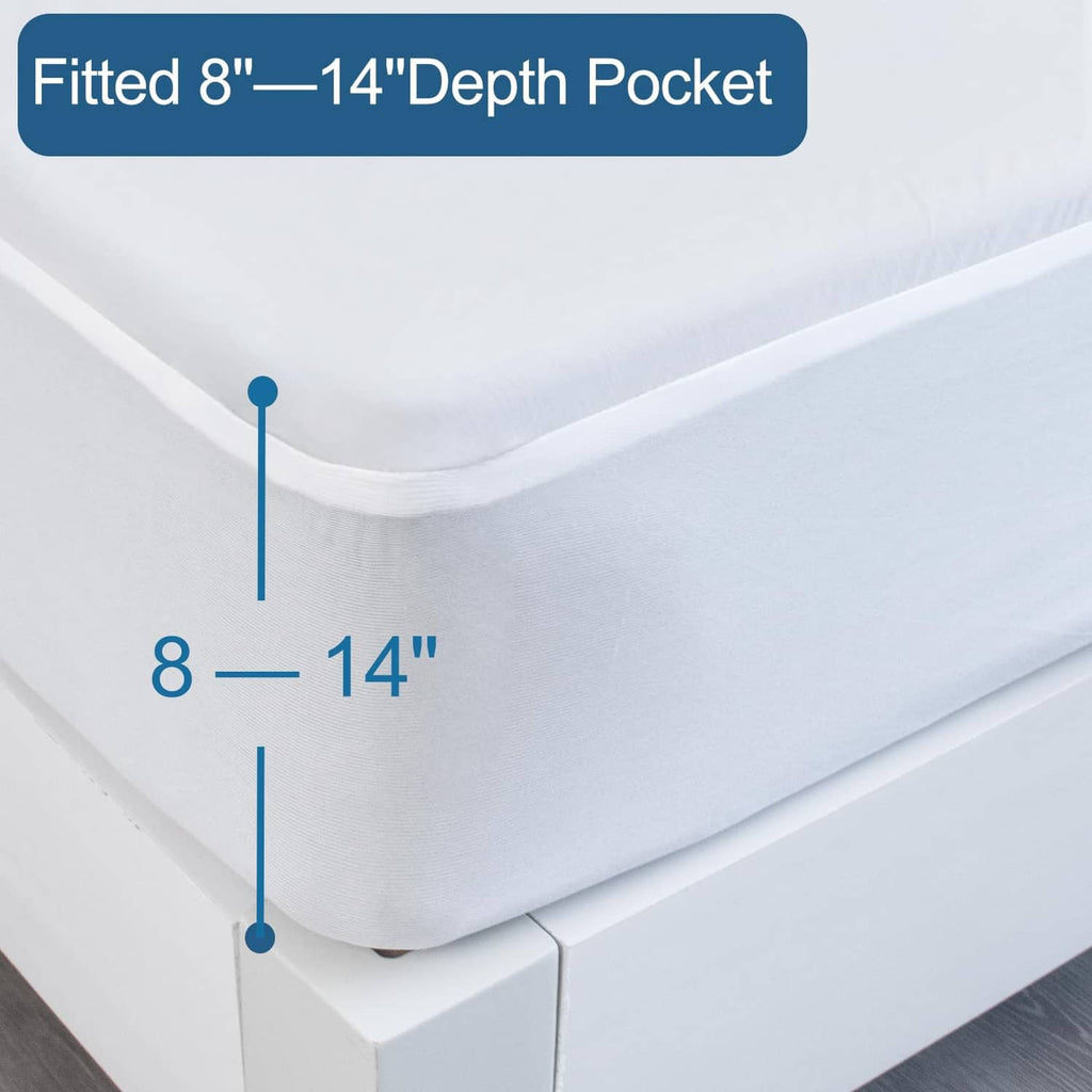White fitted mattress protector with elastic 8–14 in pocket depth skirt