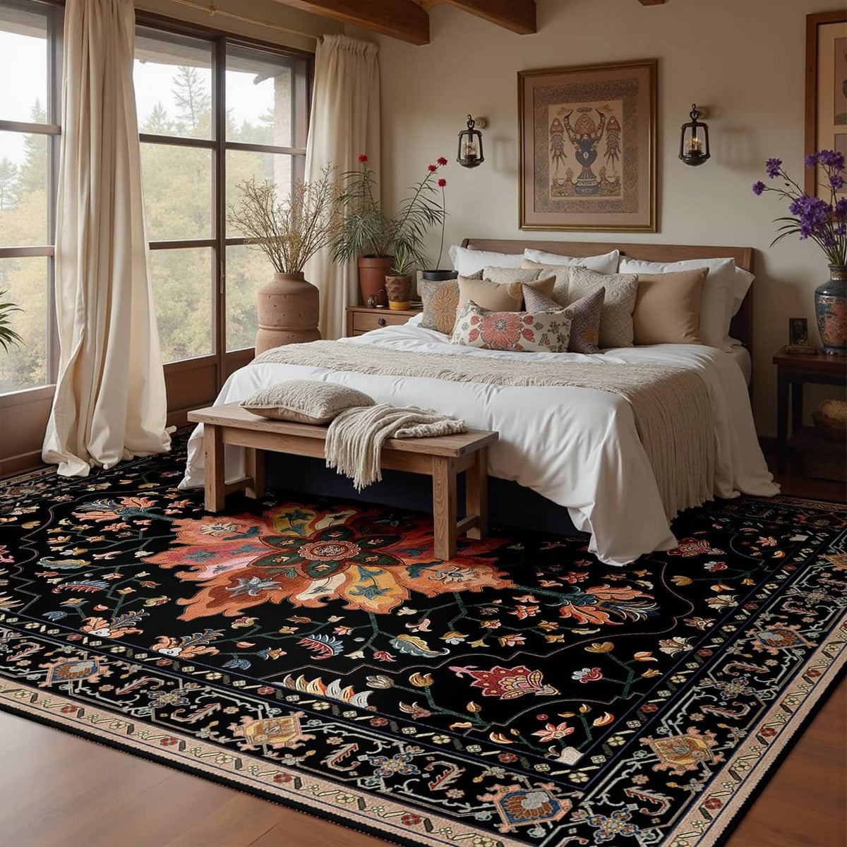 Large rectangular area rug in black with multicolor floral and paisley-inspired border