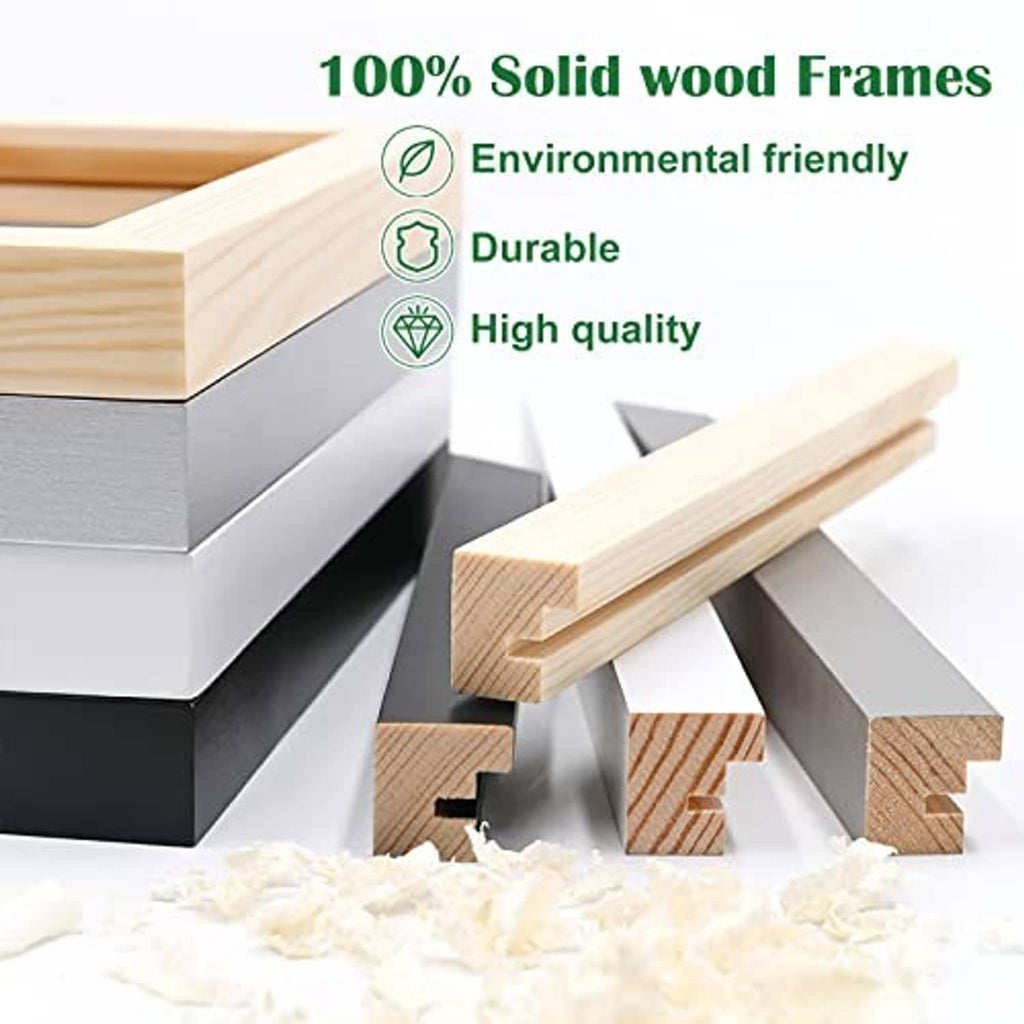 Solid wood picture frame construction with black finish and natural wood profile
