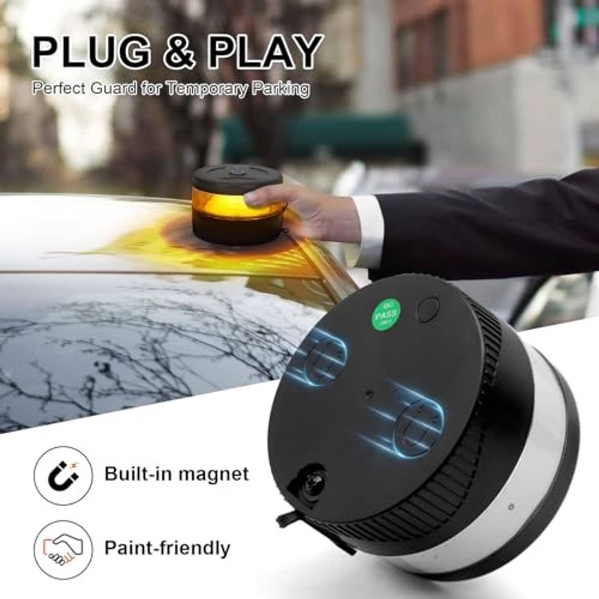 Black magnetic LED beacon light with amber lens and circular top controls