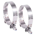 Stainless steel T-bolt hose clamp pair, 76–84mm size, rounded band edges