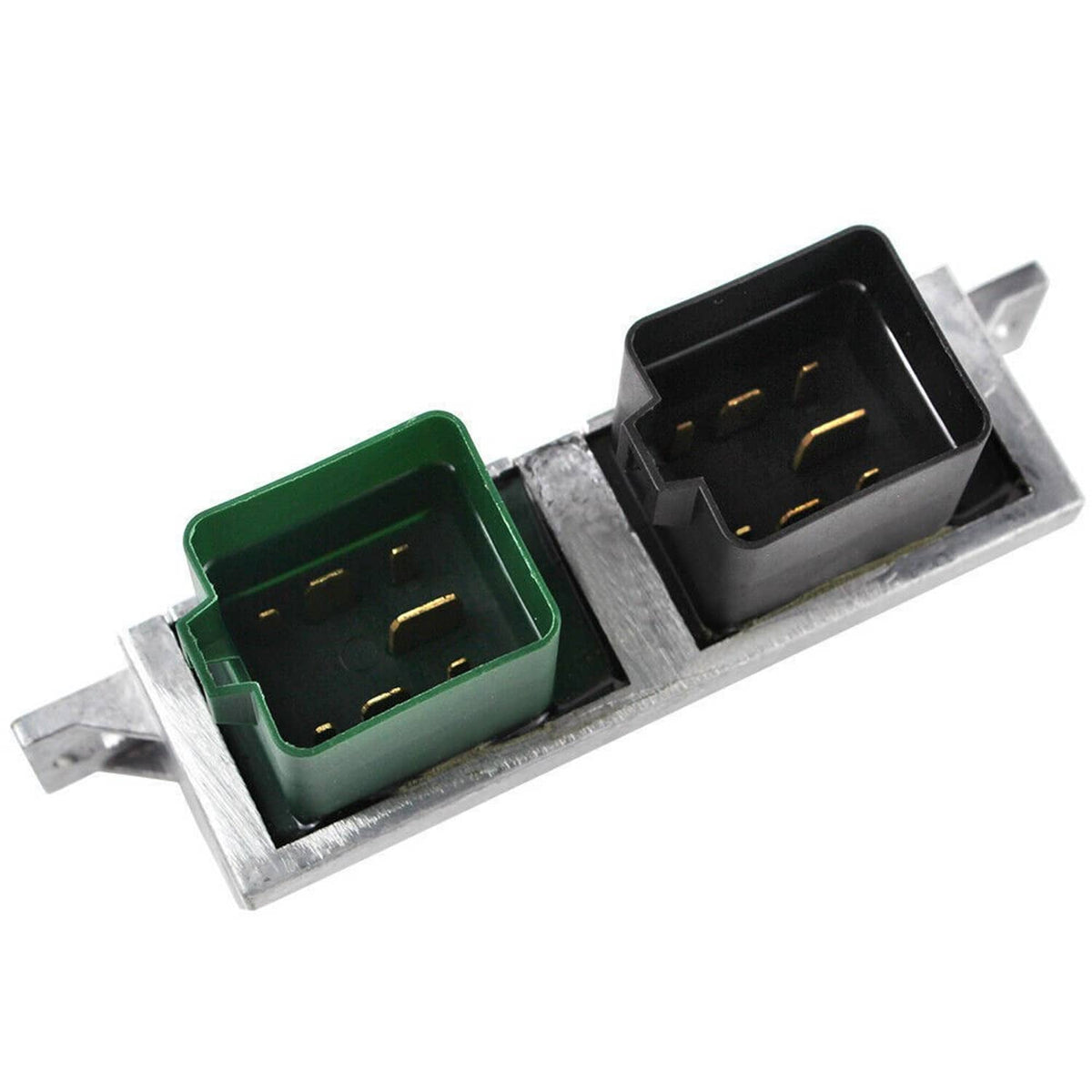 Glow plug control relay module with green and black electrical connectors on metal base