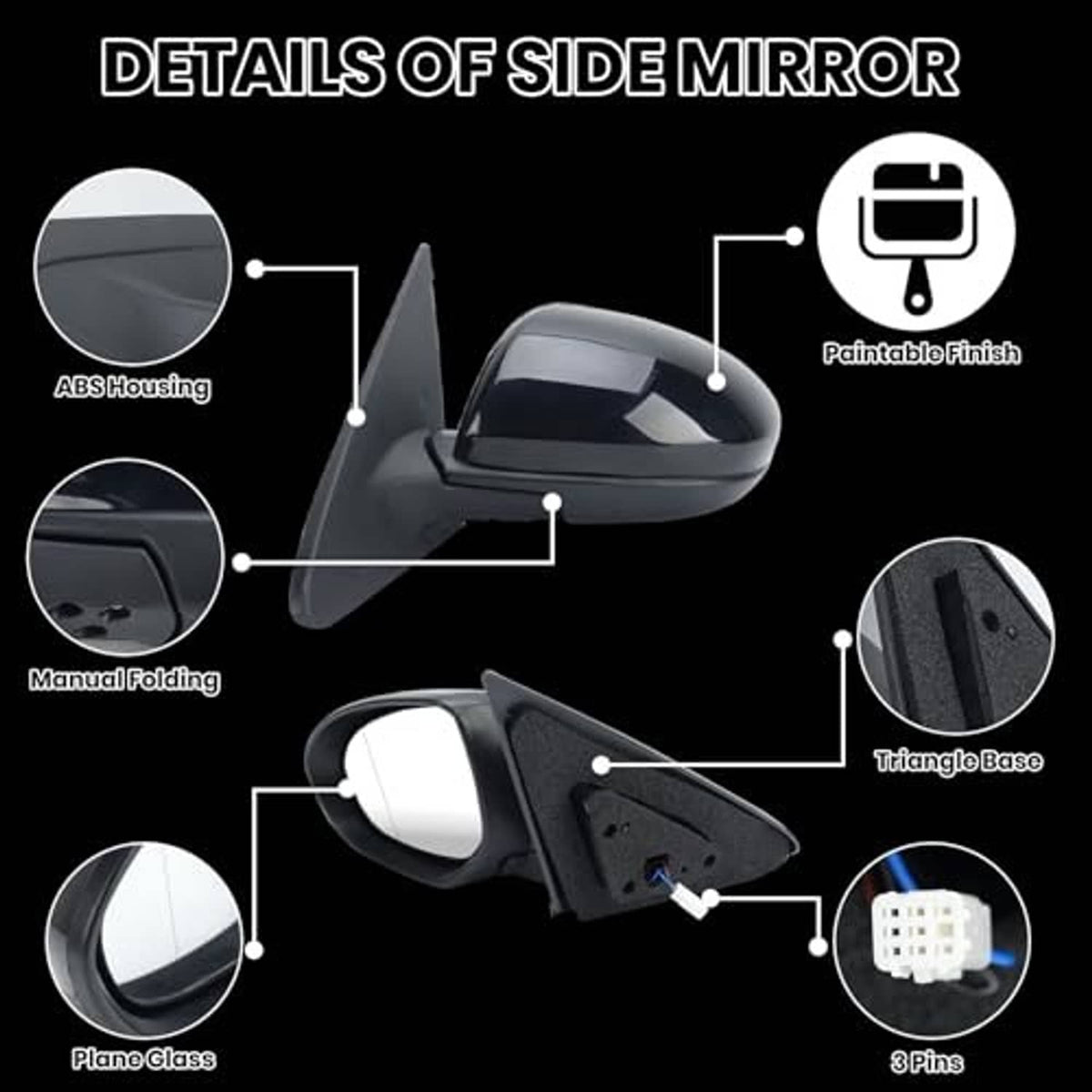 Left side mirror parts diagram showing mirror glass, housing, and triangular base