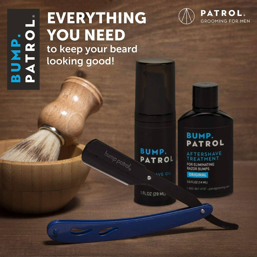 Bump Patrol aftershave treatment bottle with razor and shaving items