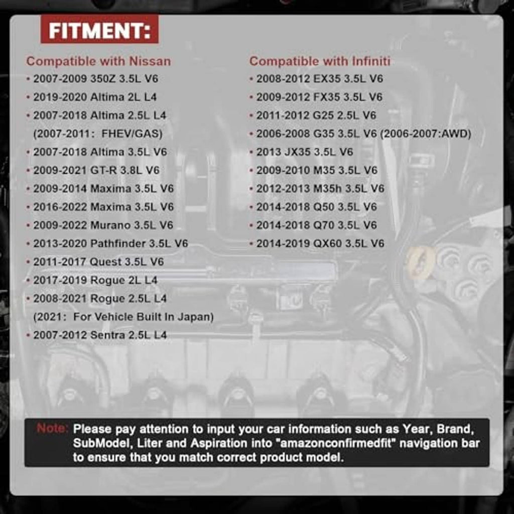 Fitment chart for camshaft position sensors compatible with Nissan and Infiniti models