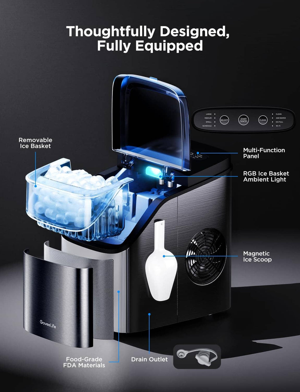 Ice maker with open lid, removable ice basket, and included ice scoop