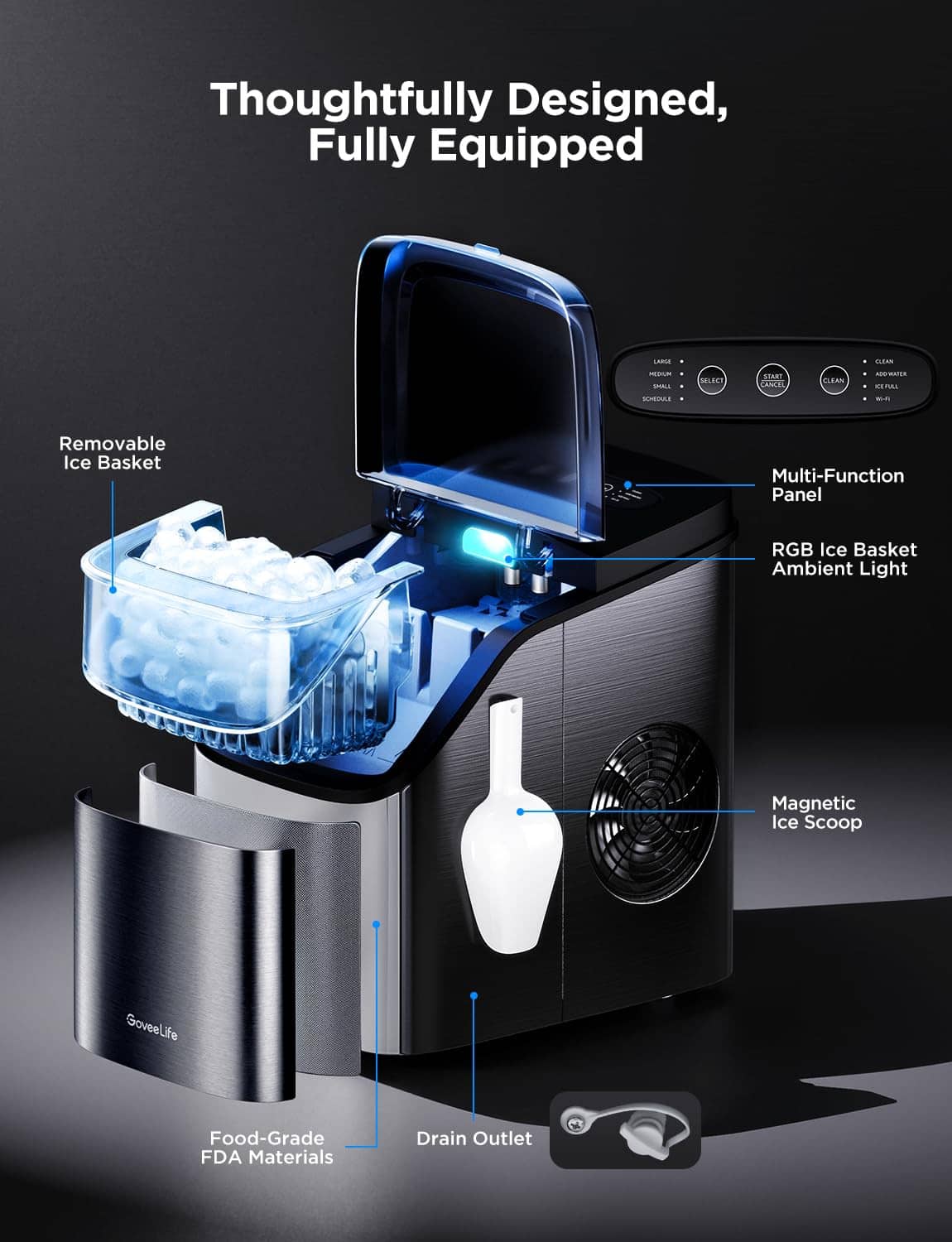 Ice maker with open lid, removable ice basket, and included ice scoop