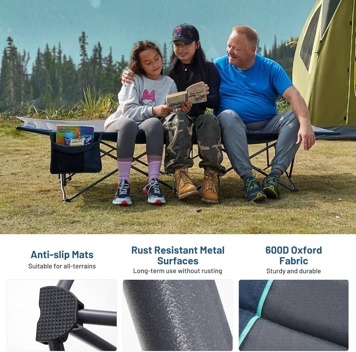 Extra-wide camping cot with gray mattress and blue side rails, suited for outdoor use