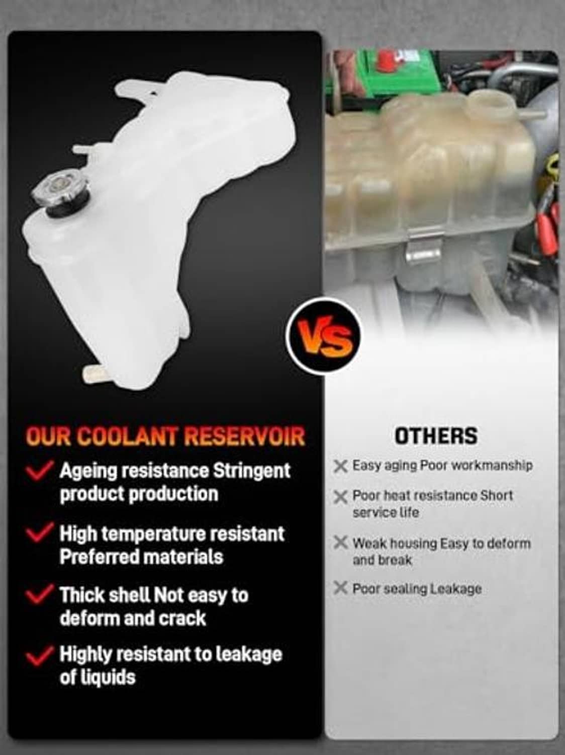 Engine coolant reservoir tank with cap, shown against a comparison layout.