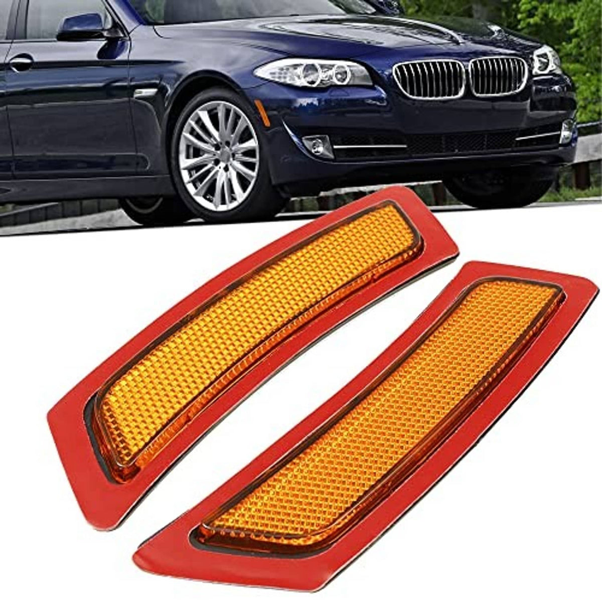 Set of two amber side marker lights with red trim housing, front bumper style