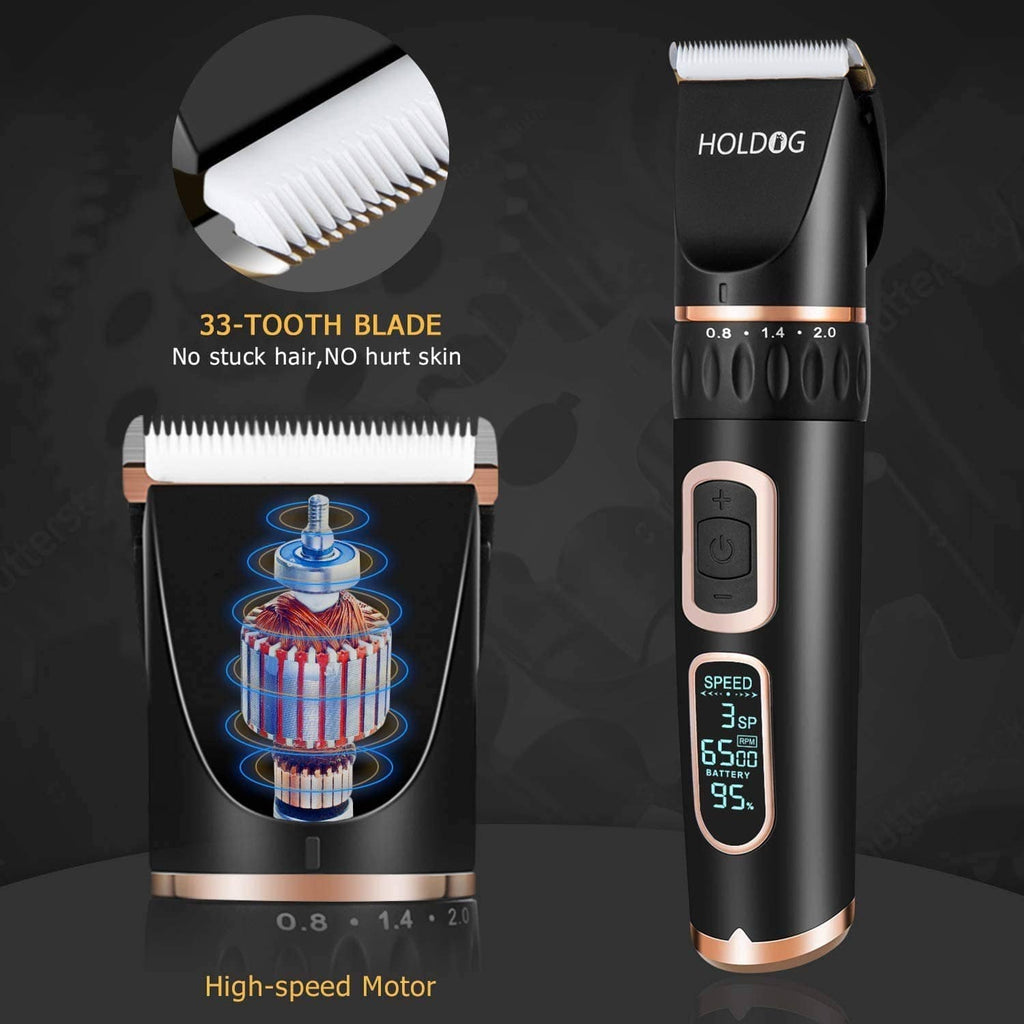 HOLDOG clippers showing 33-tooth blade and high-speed motor feature graphic