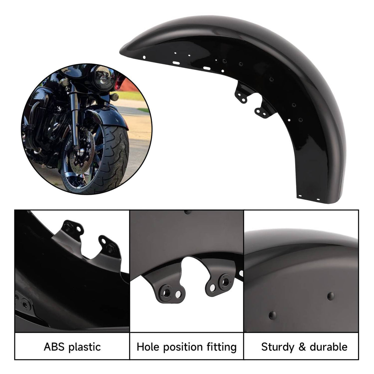 Glossy black front fender with cutouts and mounting brackets; detail views shown