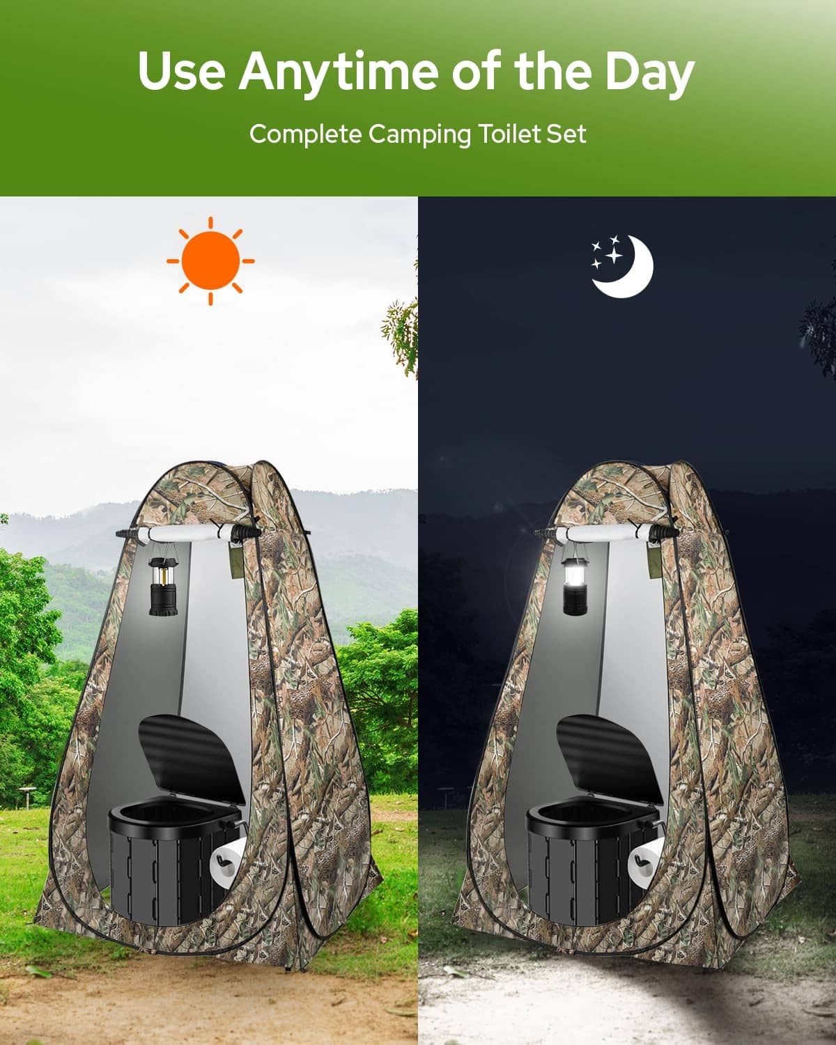 Camouflage pop-up privacy tent with portable camping toilet for day or night