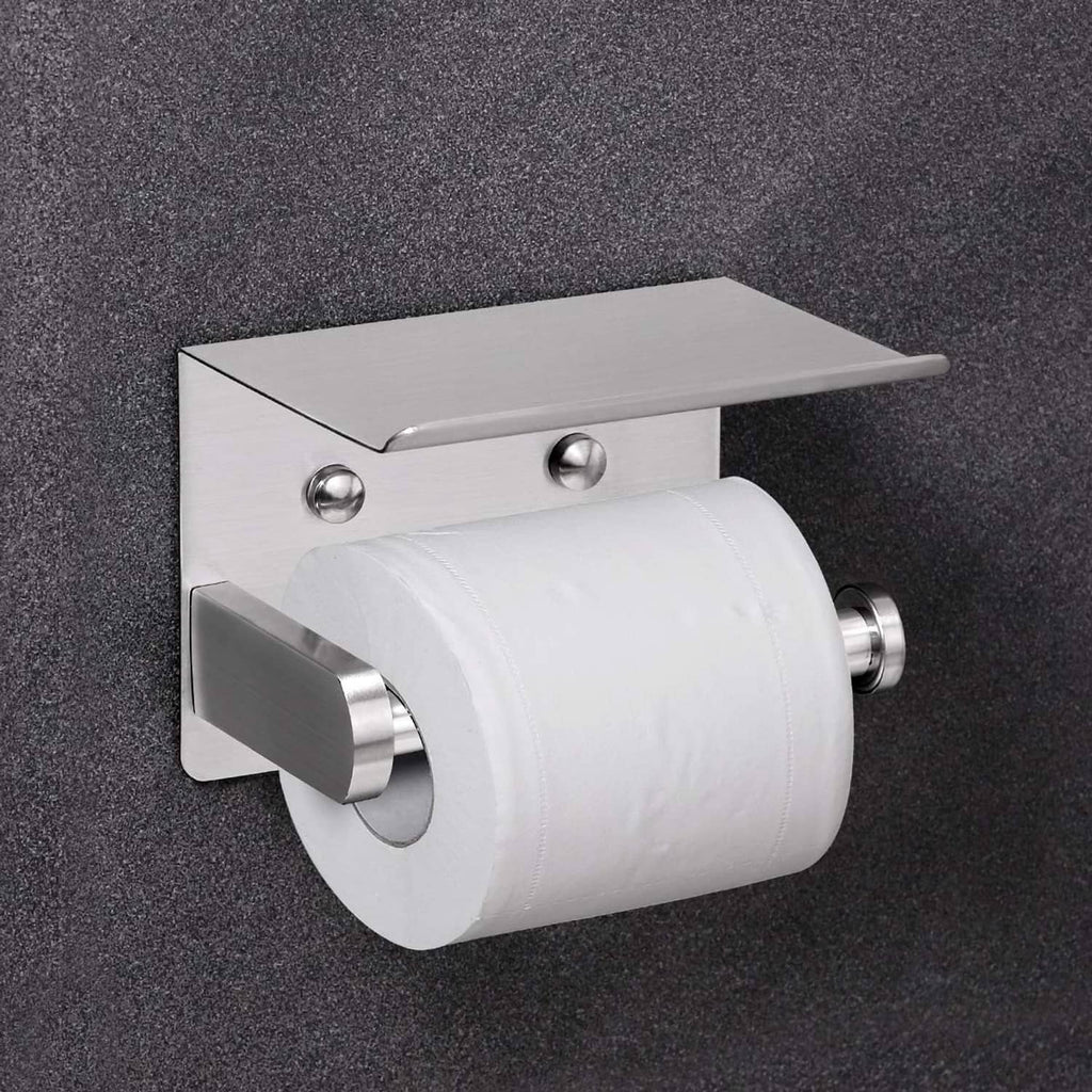 Brushed stainless toilet paper holder with phone shelf and curved support for toilet roll