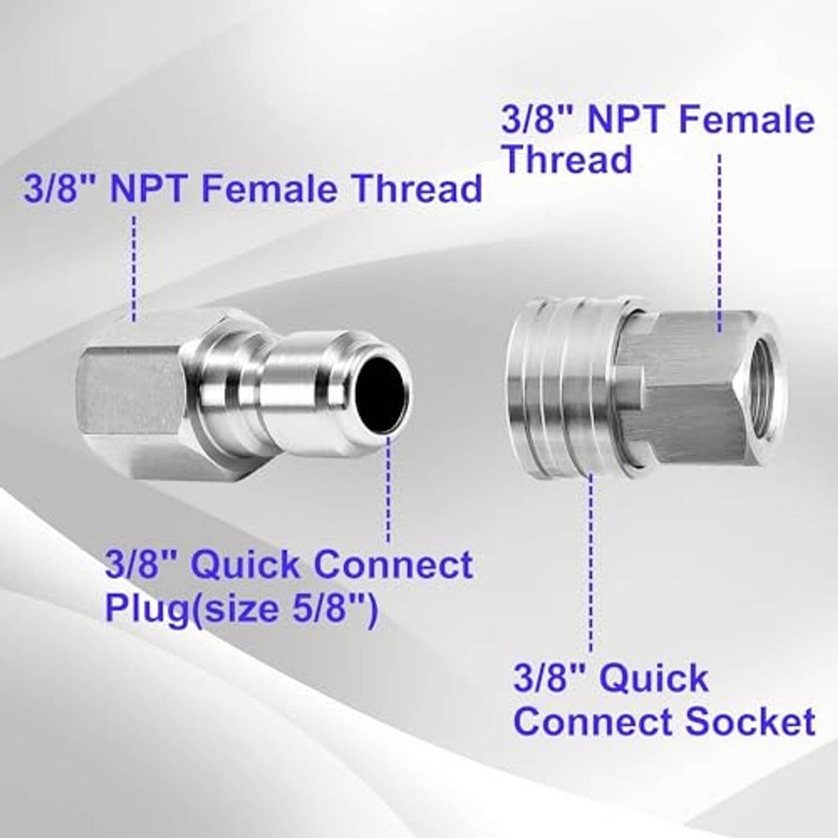 Stainless quick-connect adapters showing 3/8 NPT female thread plug and socket